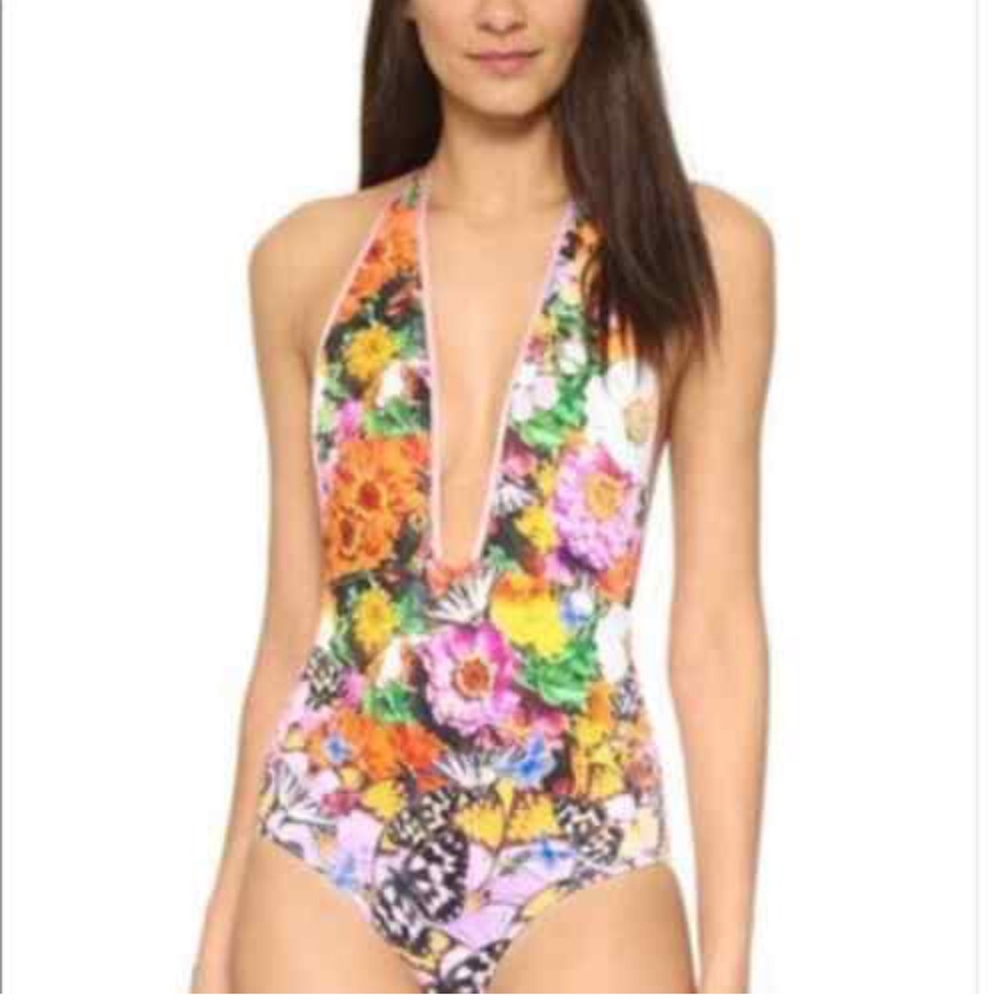 Clover Canyon Floral Deep-V Halter One-Piece - Pink Orange Green Yellow
